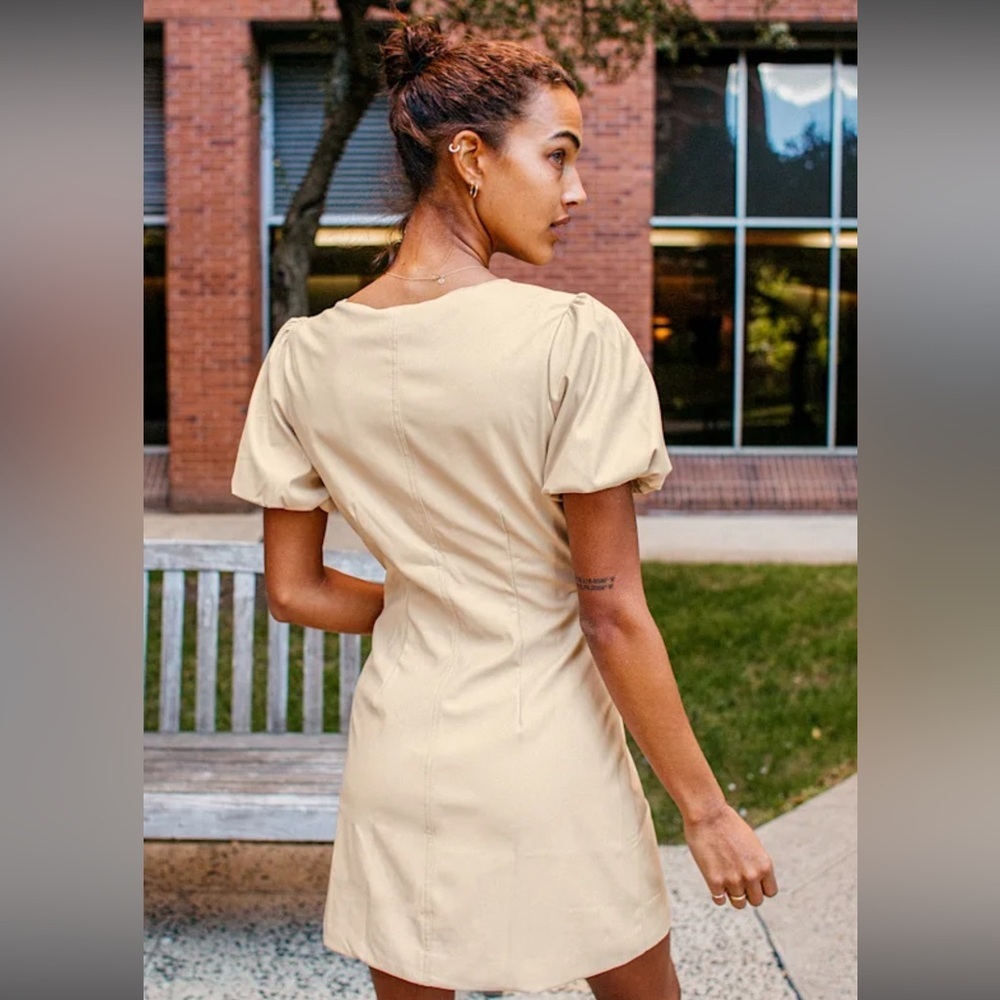 Lulus NWT Aiming to Achieve Beige Vegan Leather Puff Sleeve Mini Dress Medium - Picture 2 of 11